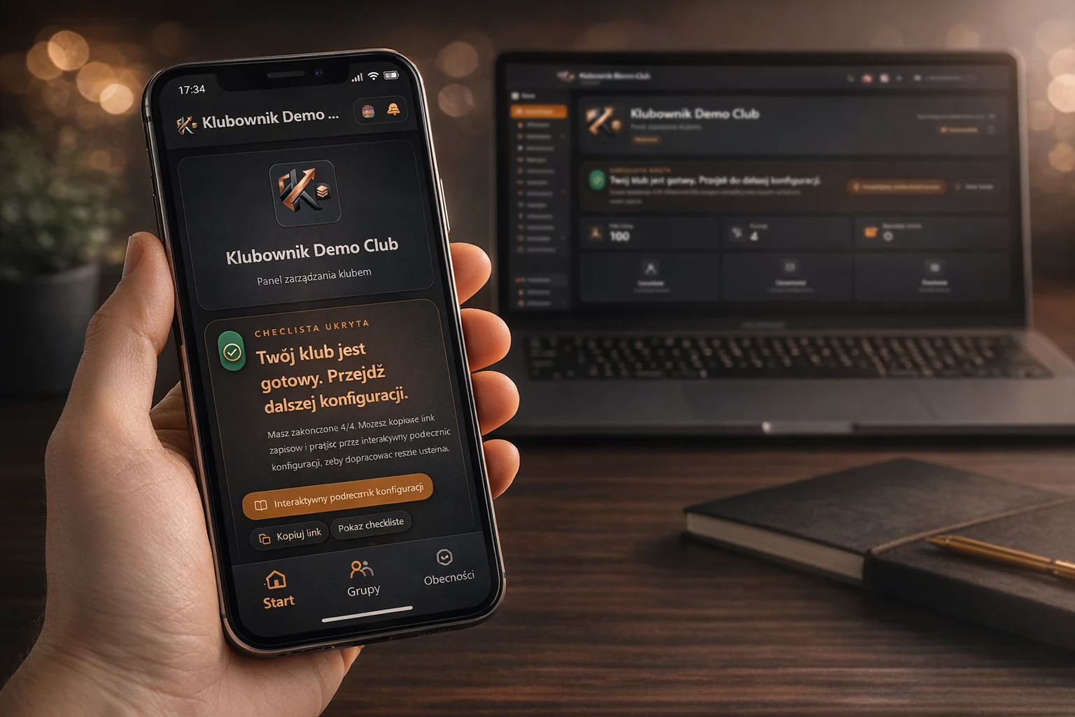 Ciemna makieta panelu Klubownika na telefonie i laptopie