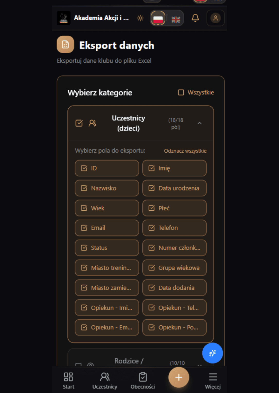 Eksport danych — eksport do Excel z wyborem pól