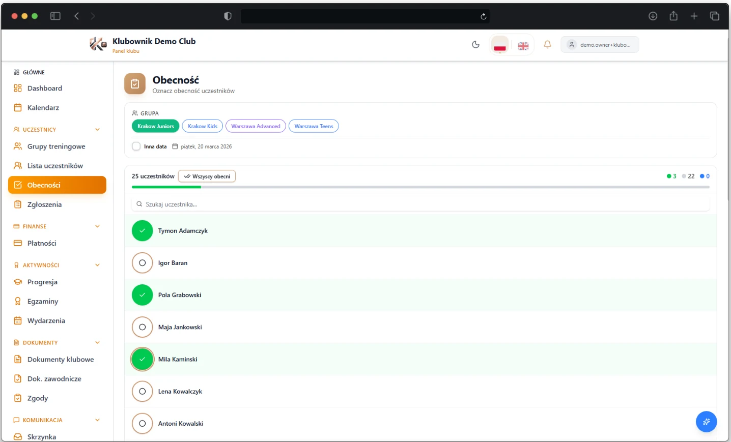 Panel sprawdzania obecności w klubie sportowym
