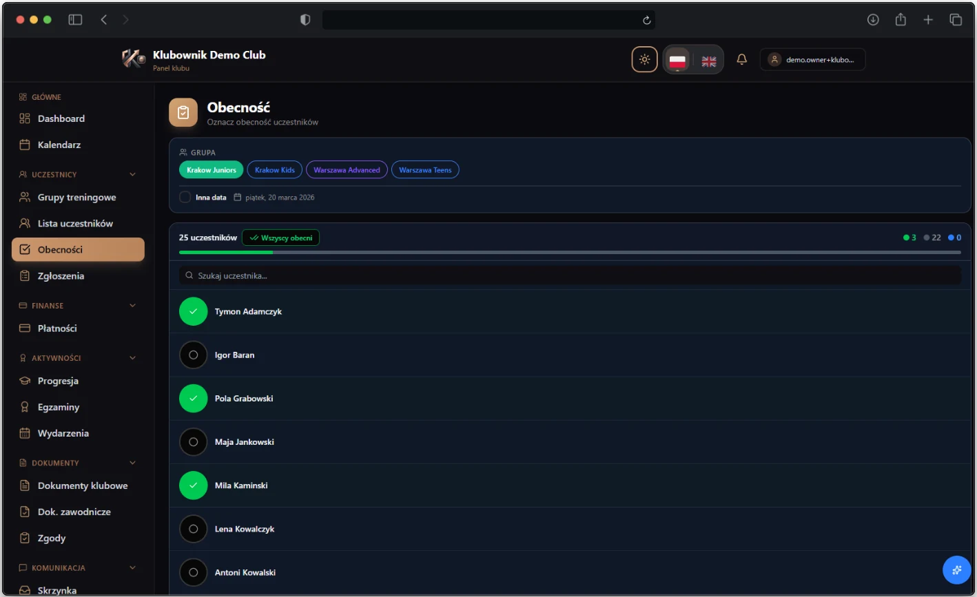 Panel sprawdzania obecności w klubie sportowym