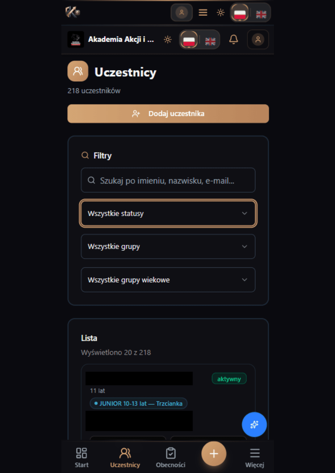 Lista uczestników z filtrami