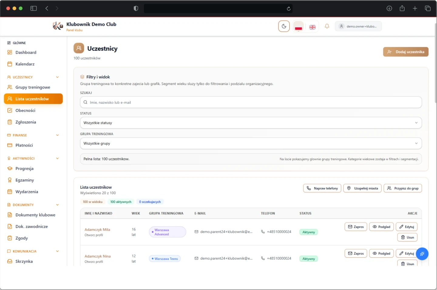 Lista uczestników klubu sportowego w systemie Klubownik