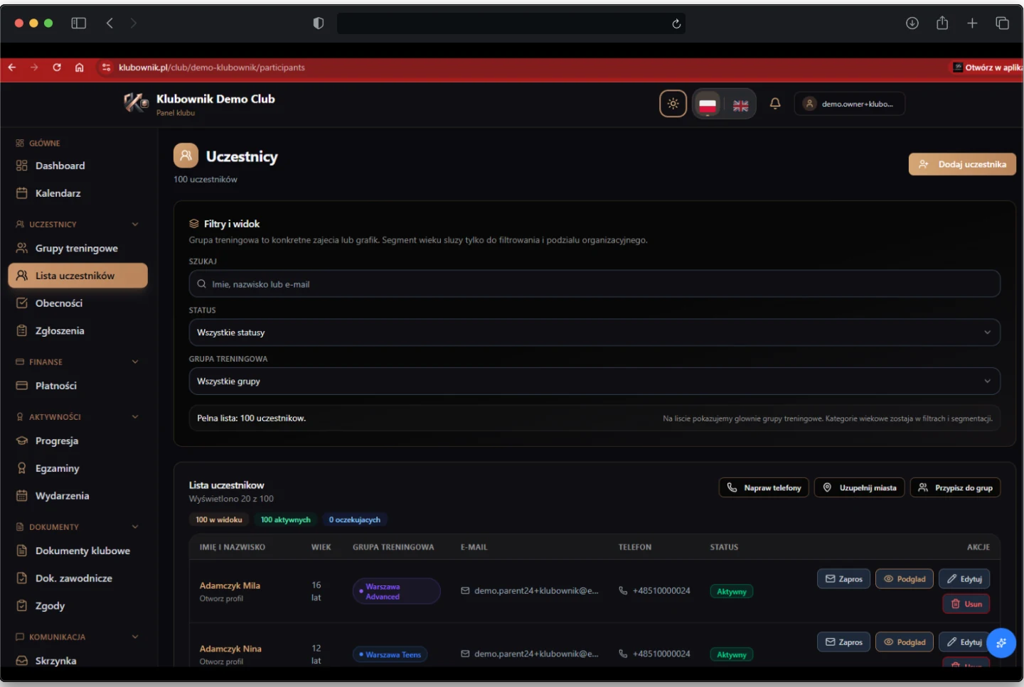 Lista uczestników klubu sportowego w systemie Klubownik