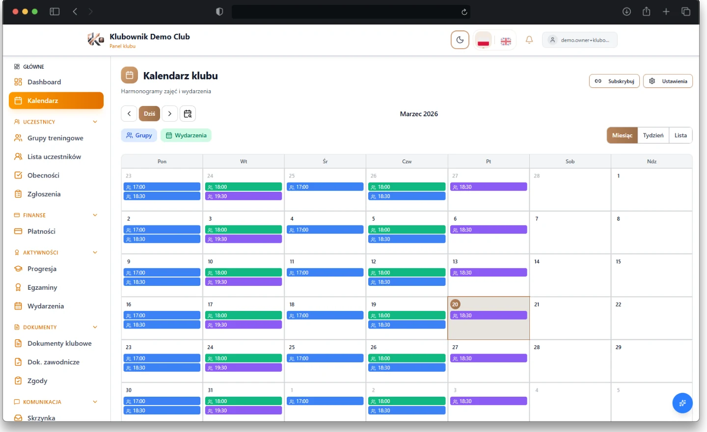 Kalendarz zajęć klubu sportowego
