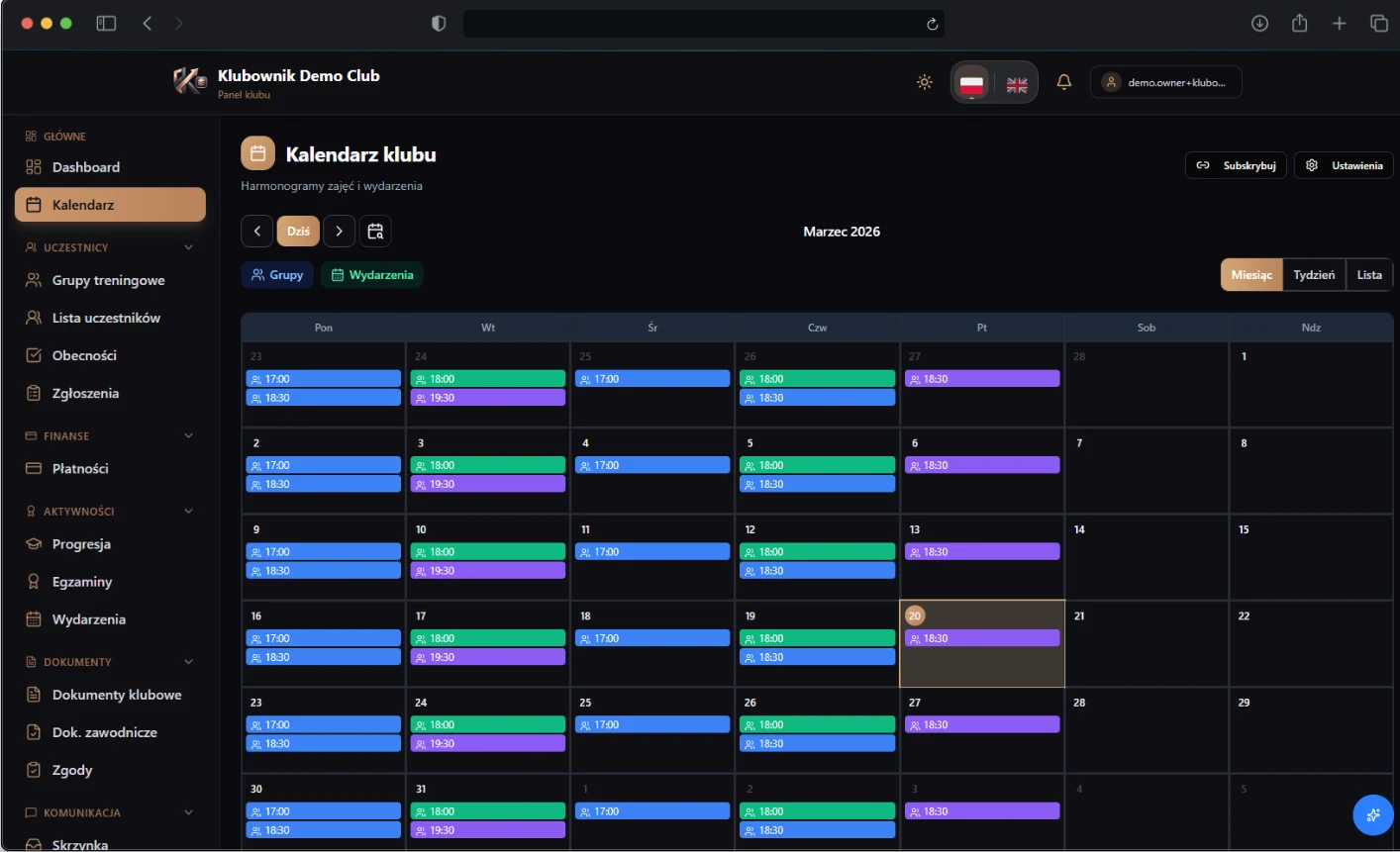 Kalendarz zajęć klubu sportowego