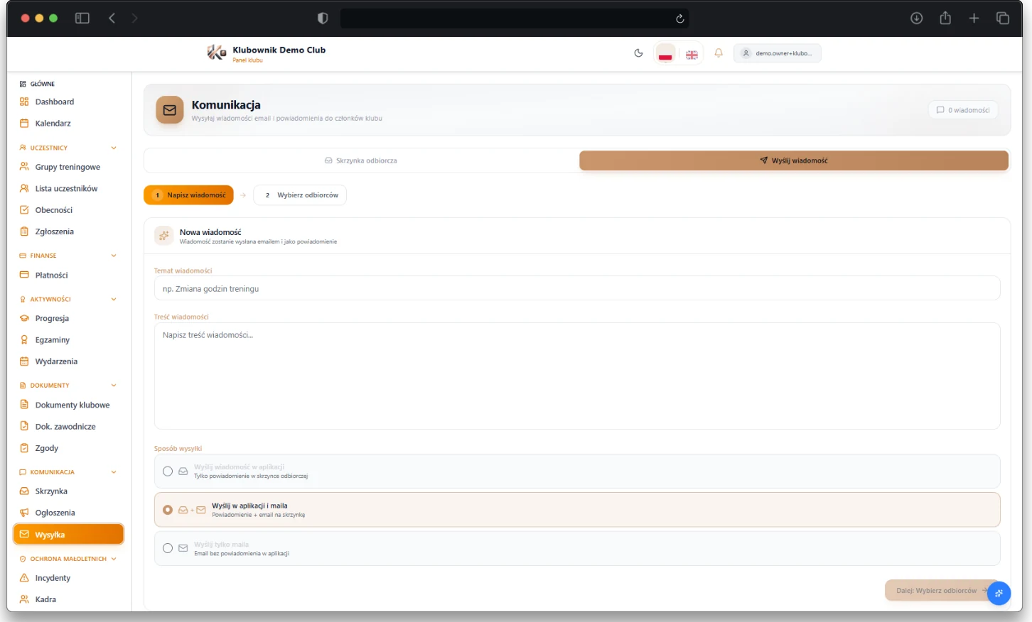 System wiadomości do rodziców w klubie