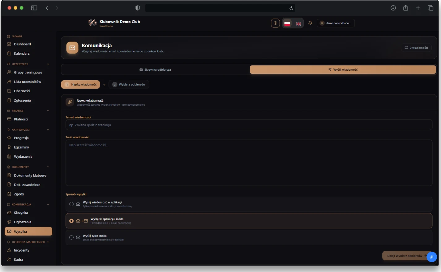System wiadomości do rodziców w klubie