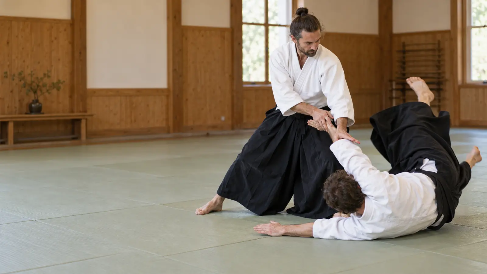 Aikidista v hakamě provádí hod, partner měkce padá na tatami