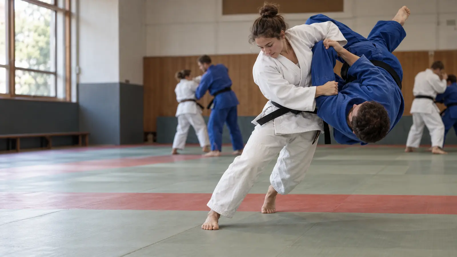 Una judoca con judogi blanco proyecta por encima del hombro a su compañero de judogi azul
