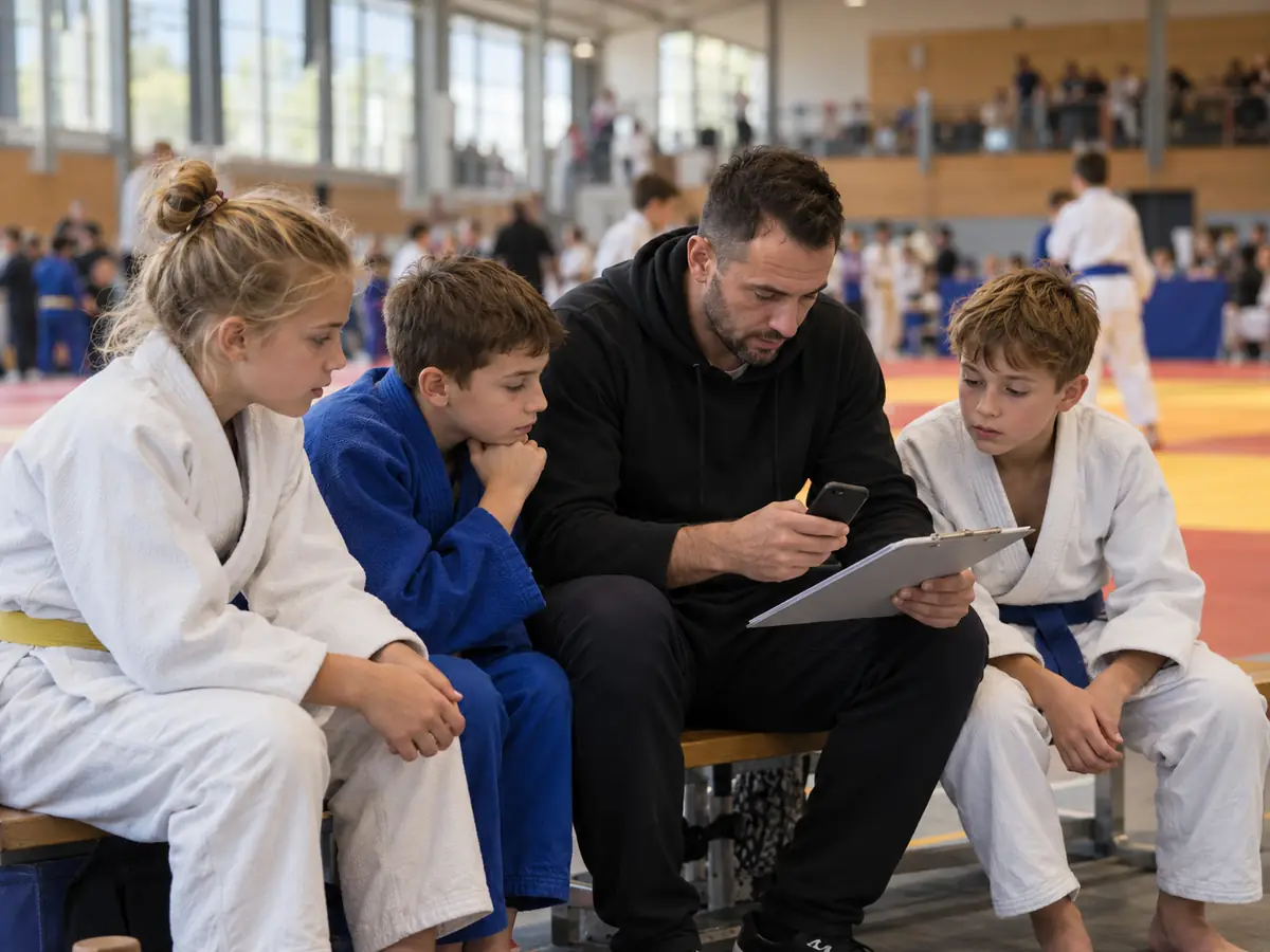 Un entrenador con una carpeta y el móvil habla con jóvenes judocas antes de sus combates en un torneo
