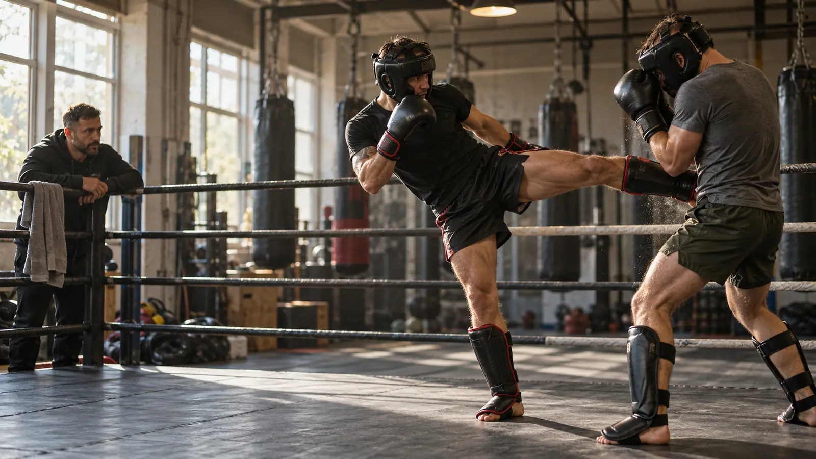 Kickboxerský sparing v ringu: obloukový kop a krytí