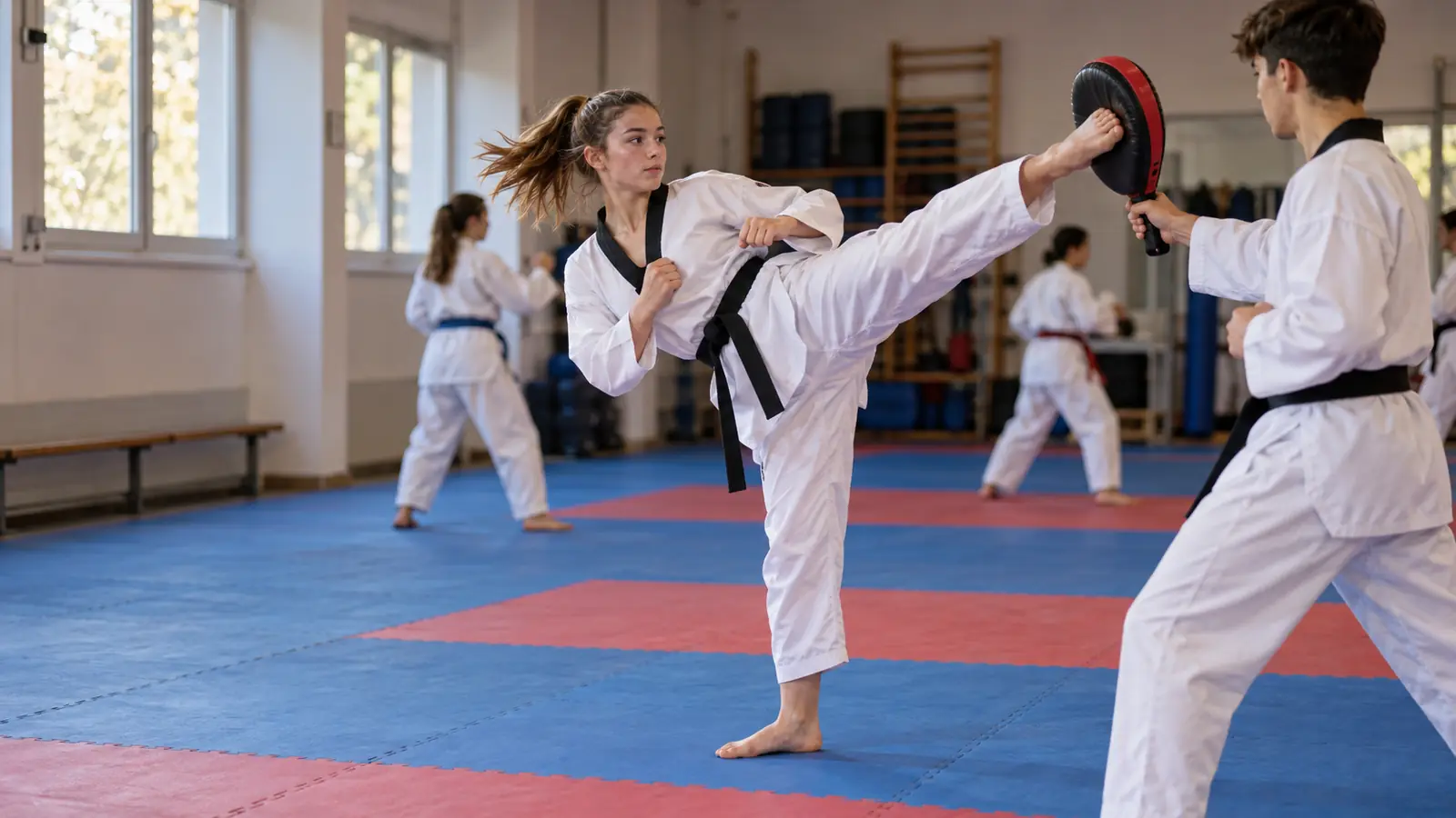 Eine Taekwondo-Sportlerin im Dobok tritt hoch gegen eine Pratze