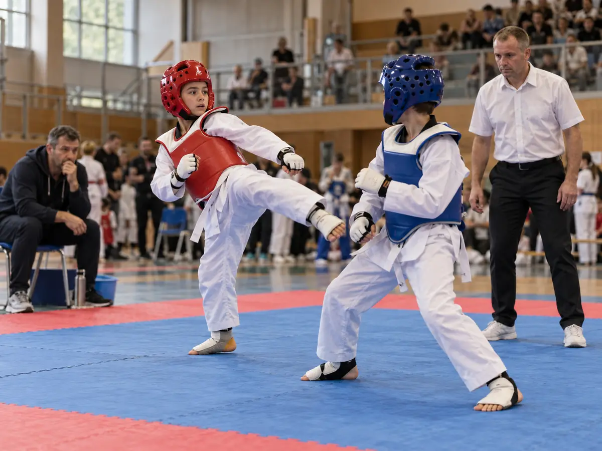 Junioren mit Schutzausrüstung kämpfen bei einem Taekwondo-Turnier, daneben der Kampfrichter