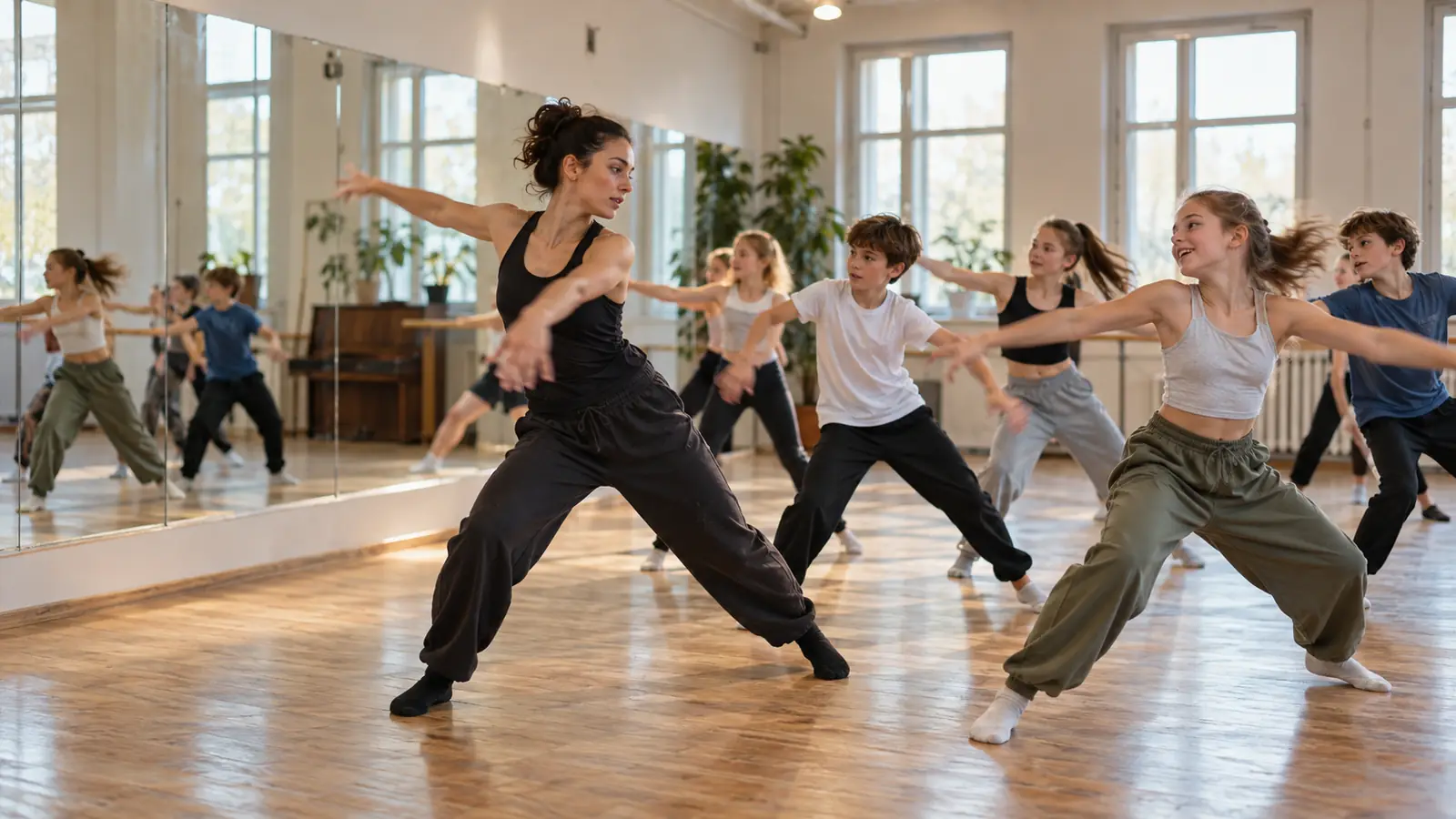 Young dancers with their teacher during a class in a mirrored studio