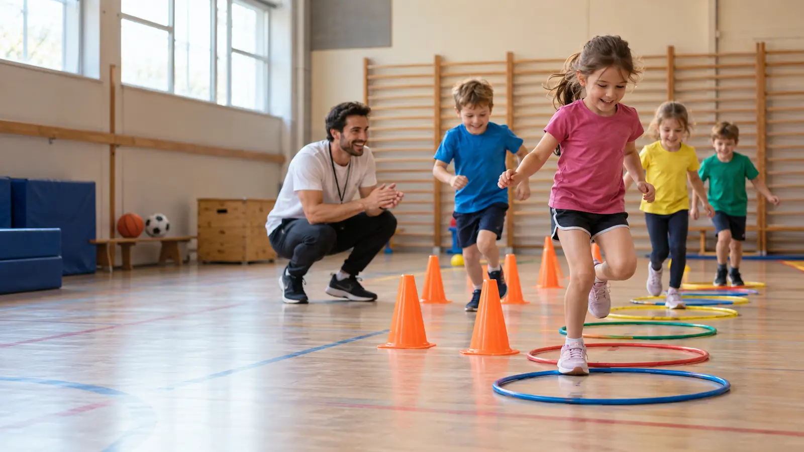 Kinder laufen Slalom zwischen Hütchen und Reifen, der Trainer feuert sie an