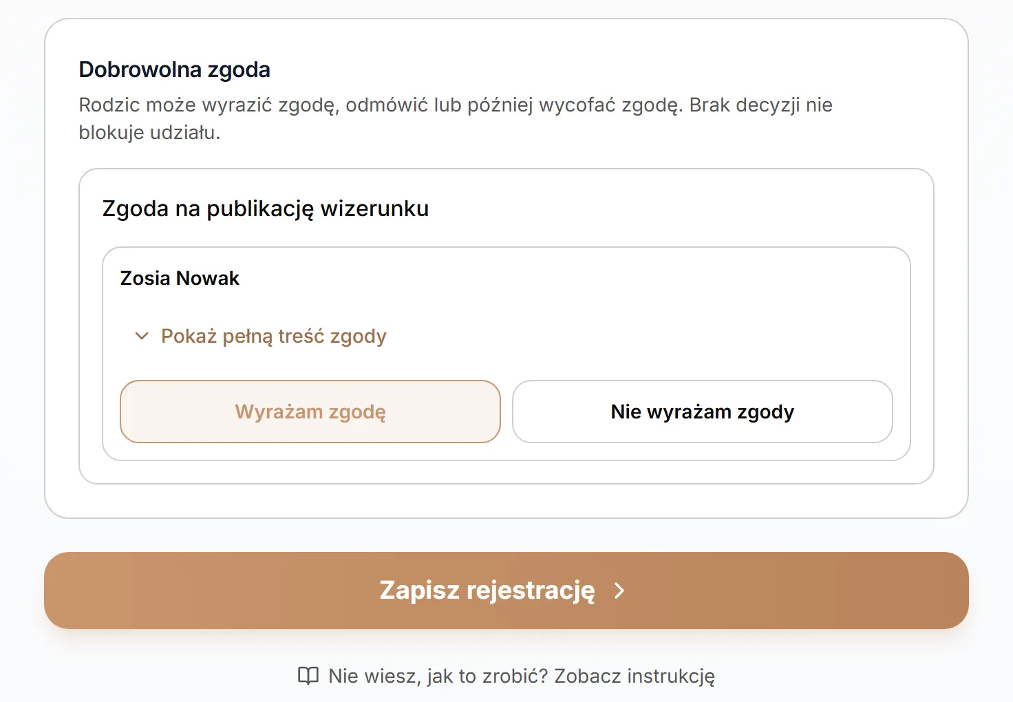 Dobrowolna zgoda i wysłanie zapisu