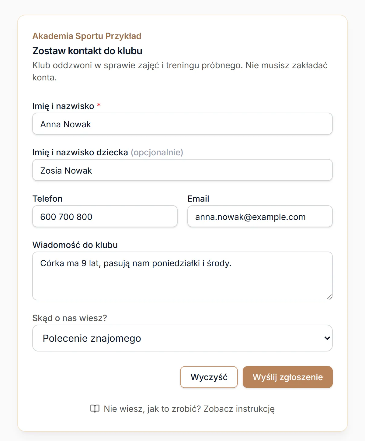 Formularz „Zostaw kontakt do klubu”