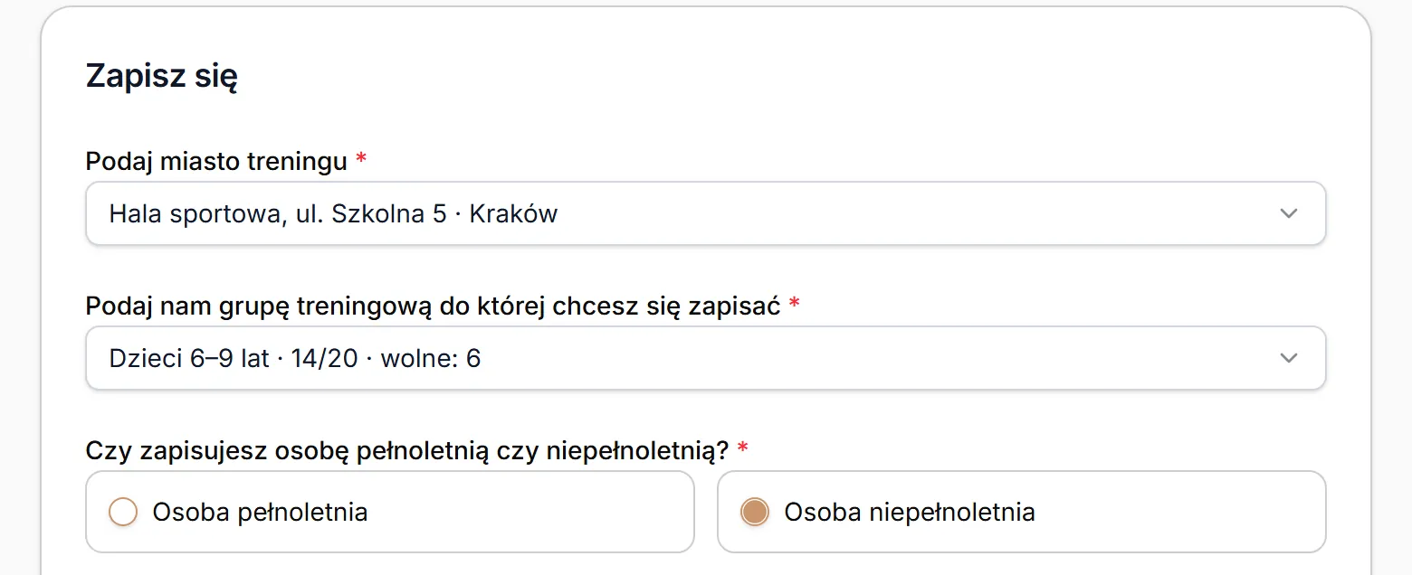 Formularz naboru — miejsce, grupa i wiek