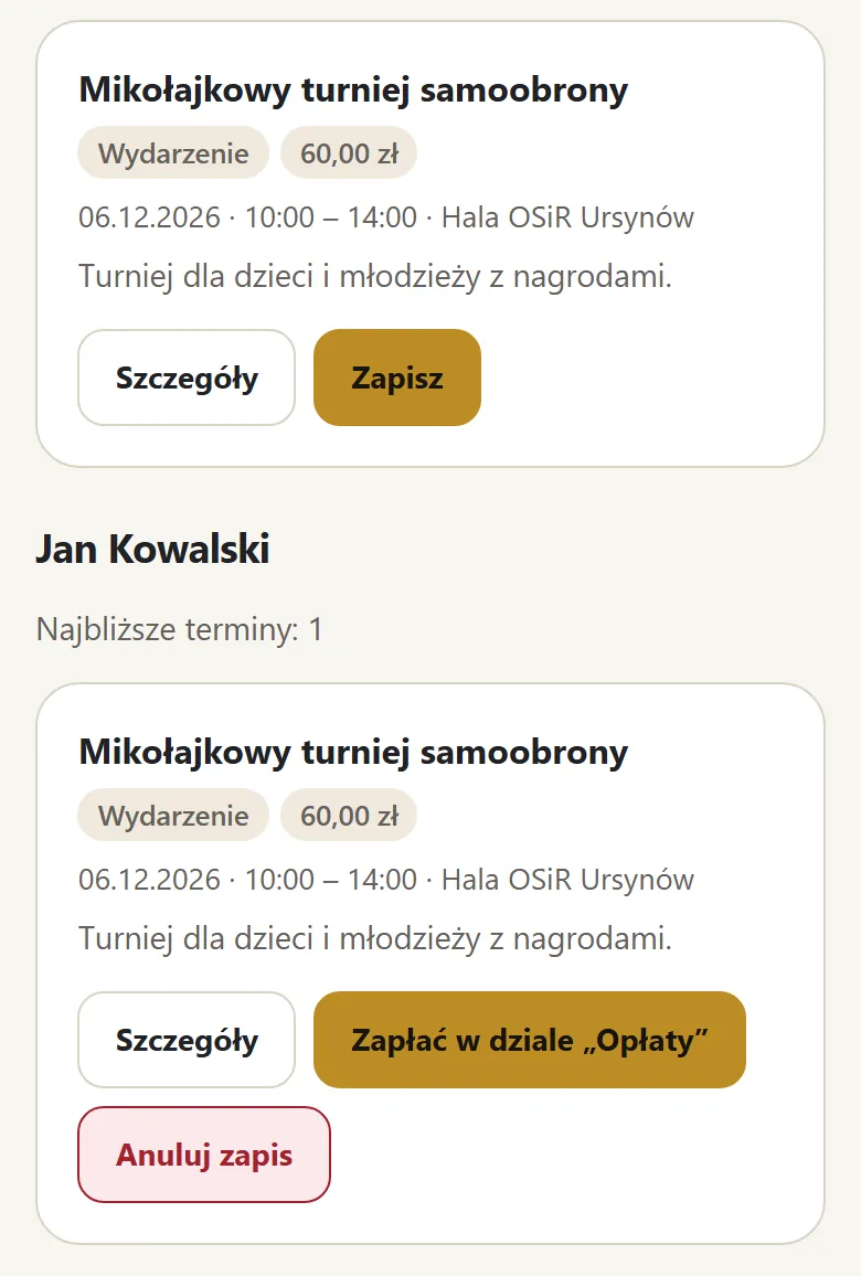 Wydarzenia — zapis, opłata i rezygnacja