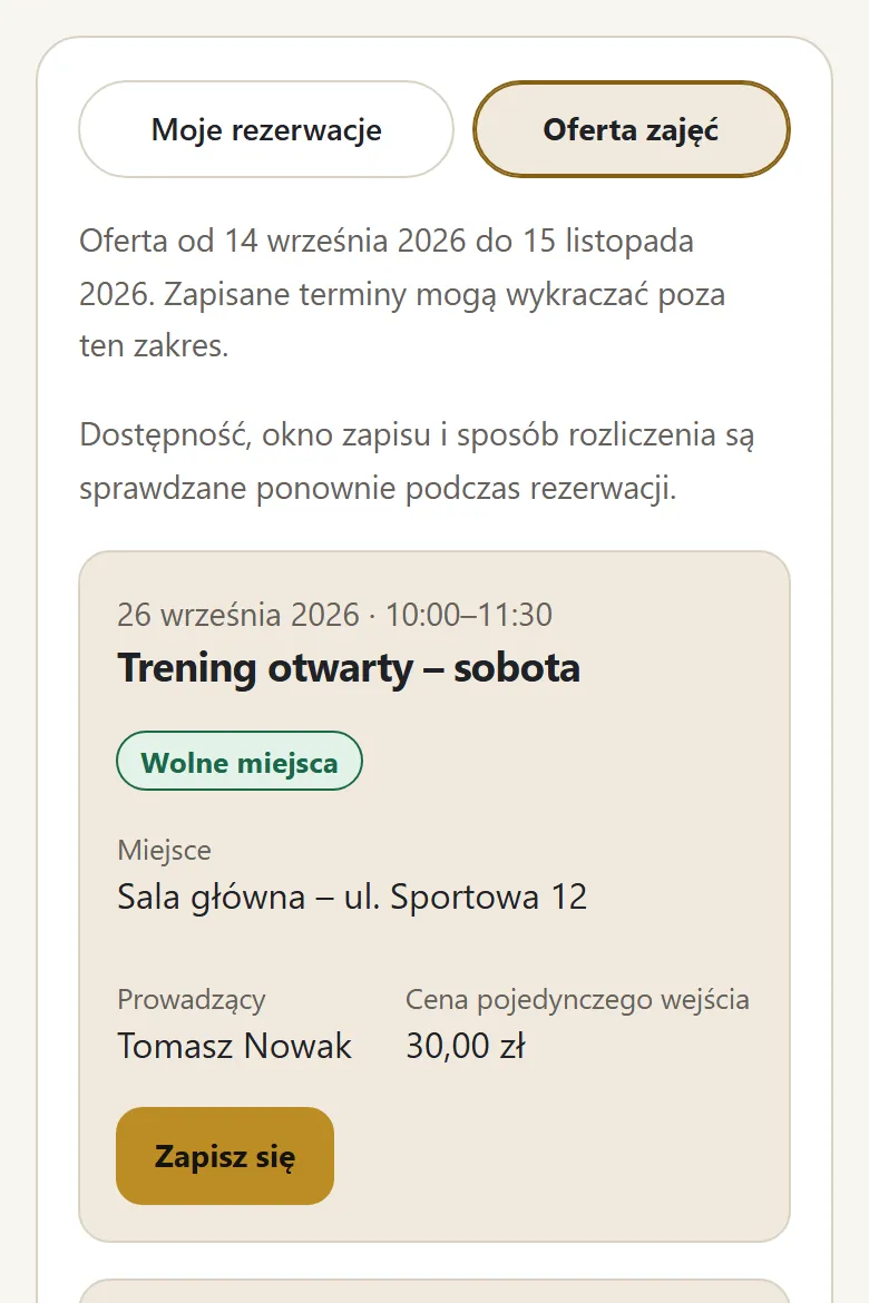 Oferta zajęć do rezerwacji