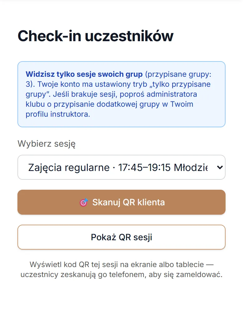 Check-in — wybór zajęć i sposobu meldowania