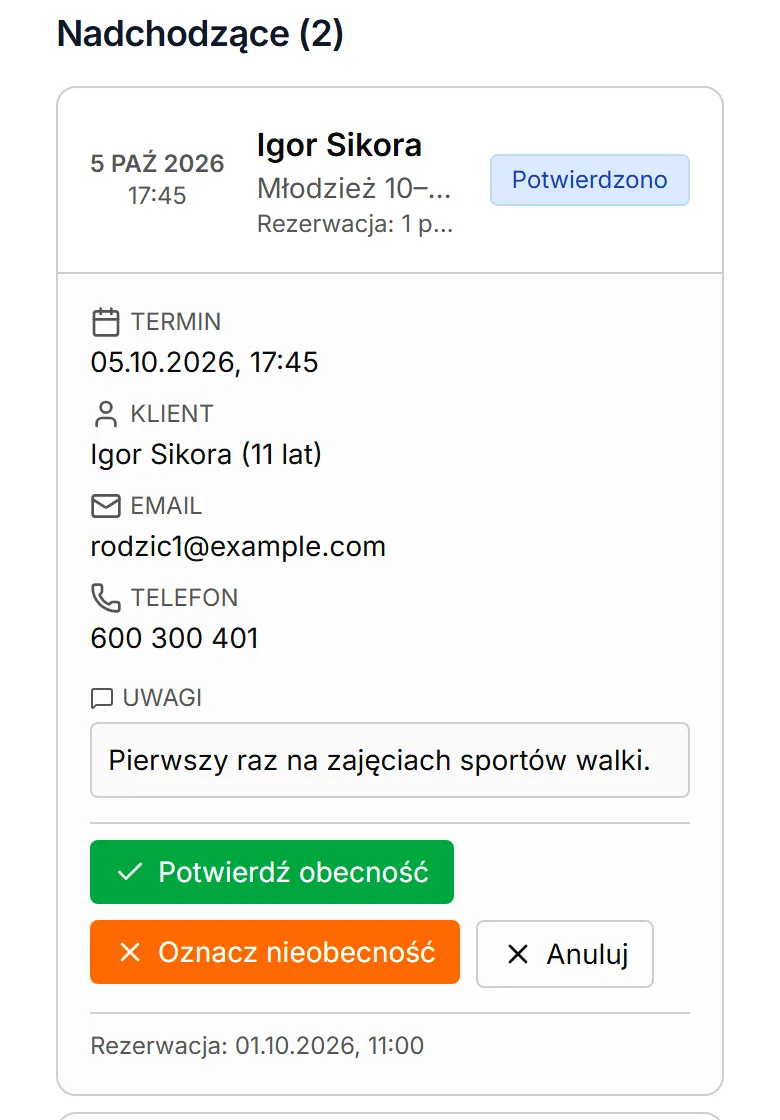 Szczegóły zapisu i przyciski