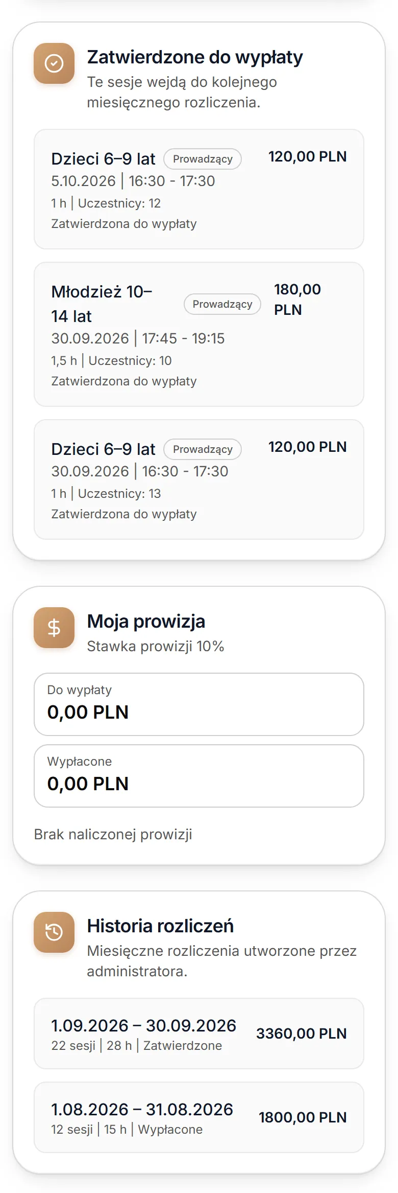 Zatwierdzone zajęcia, prowizja i historia rozliczeń