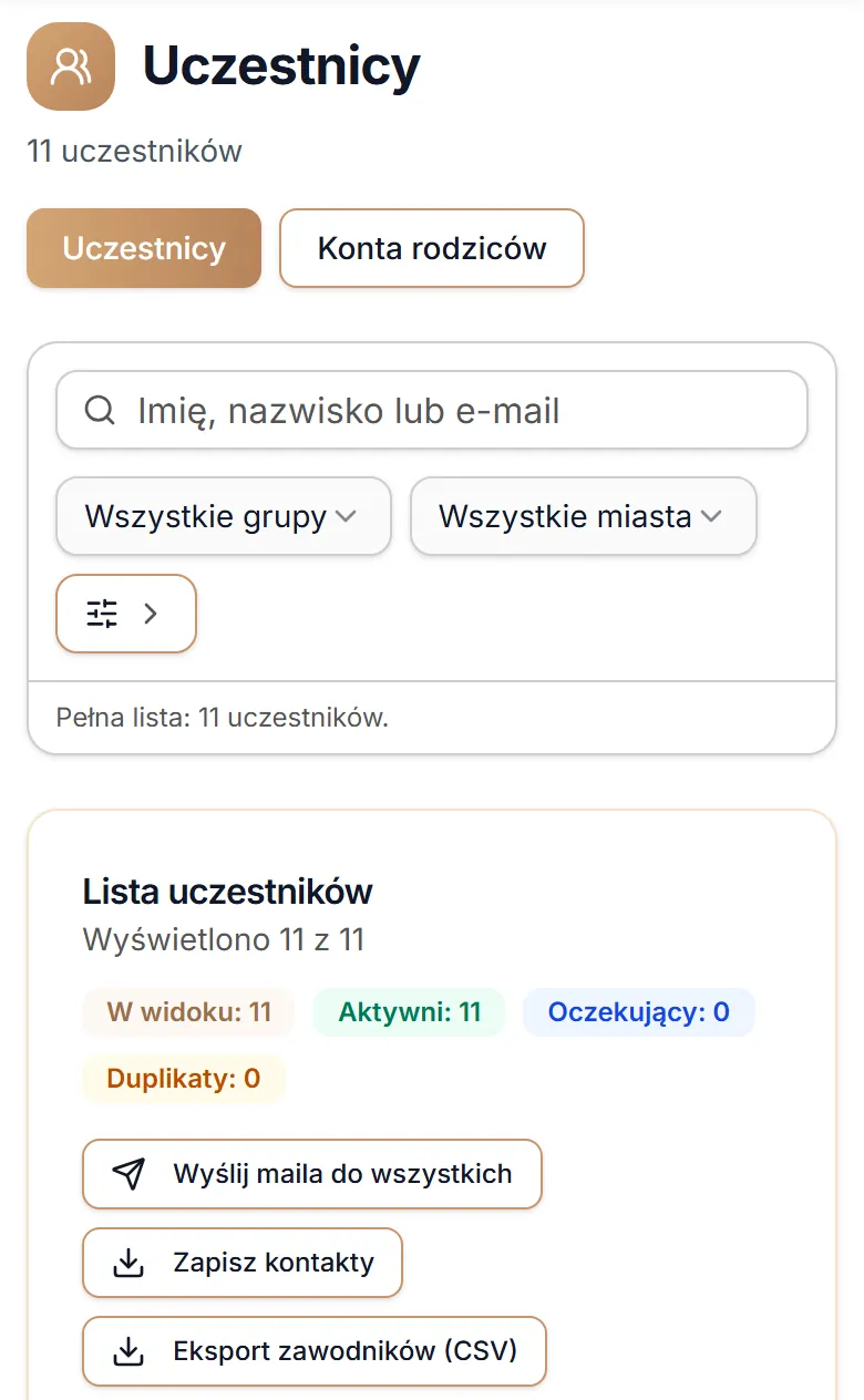 Wyszukiwanie i filtry listy uczestników