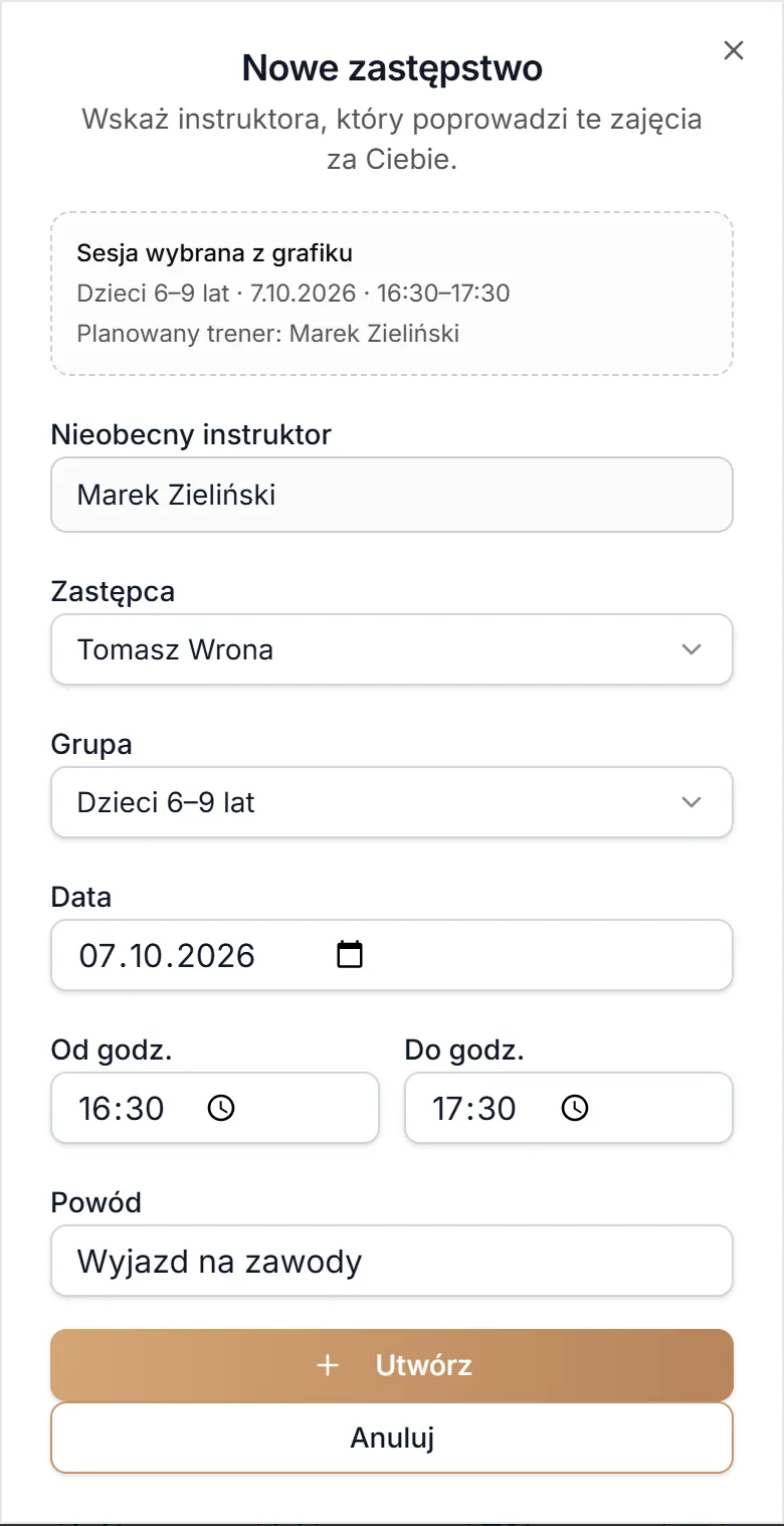 Nowe zastępstwo z danymi zajęć z grafiku