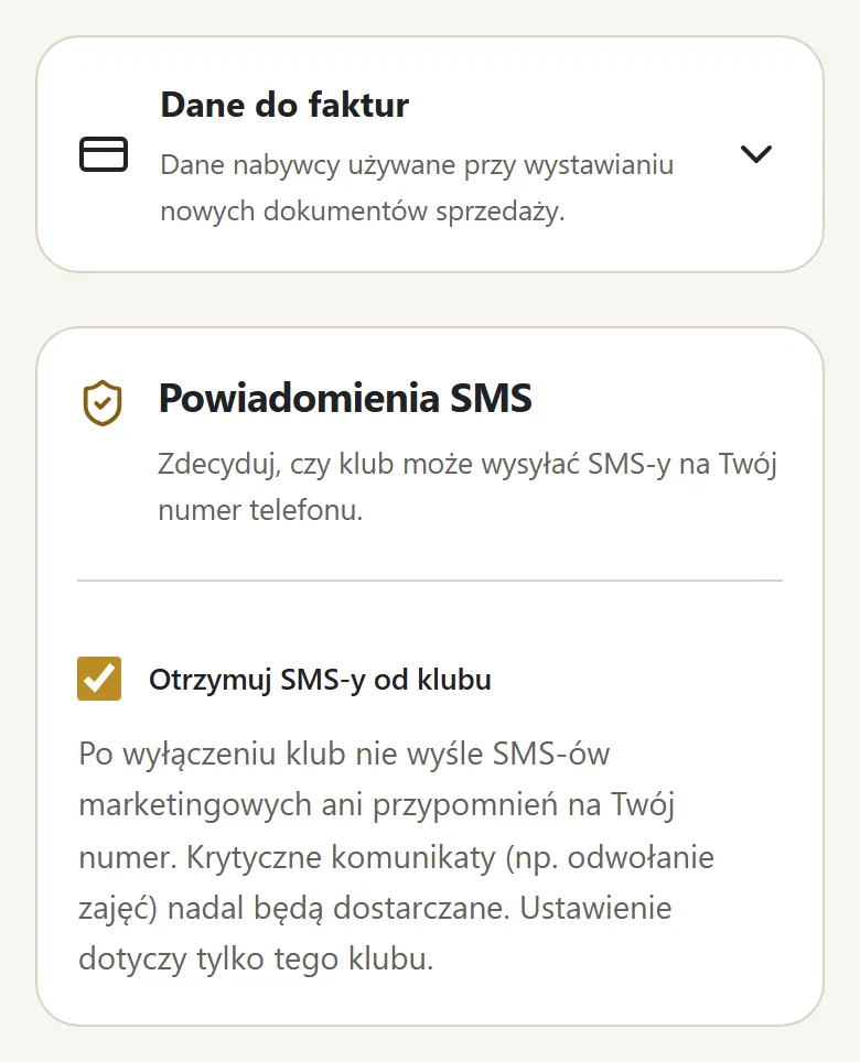 Dane do faktur i powiadomienia SMS