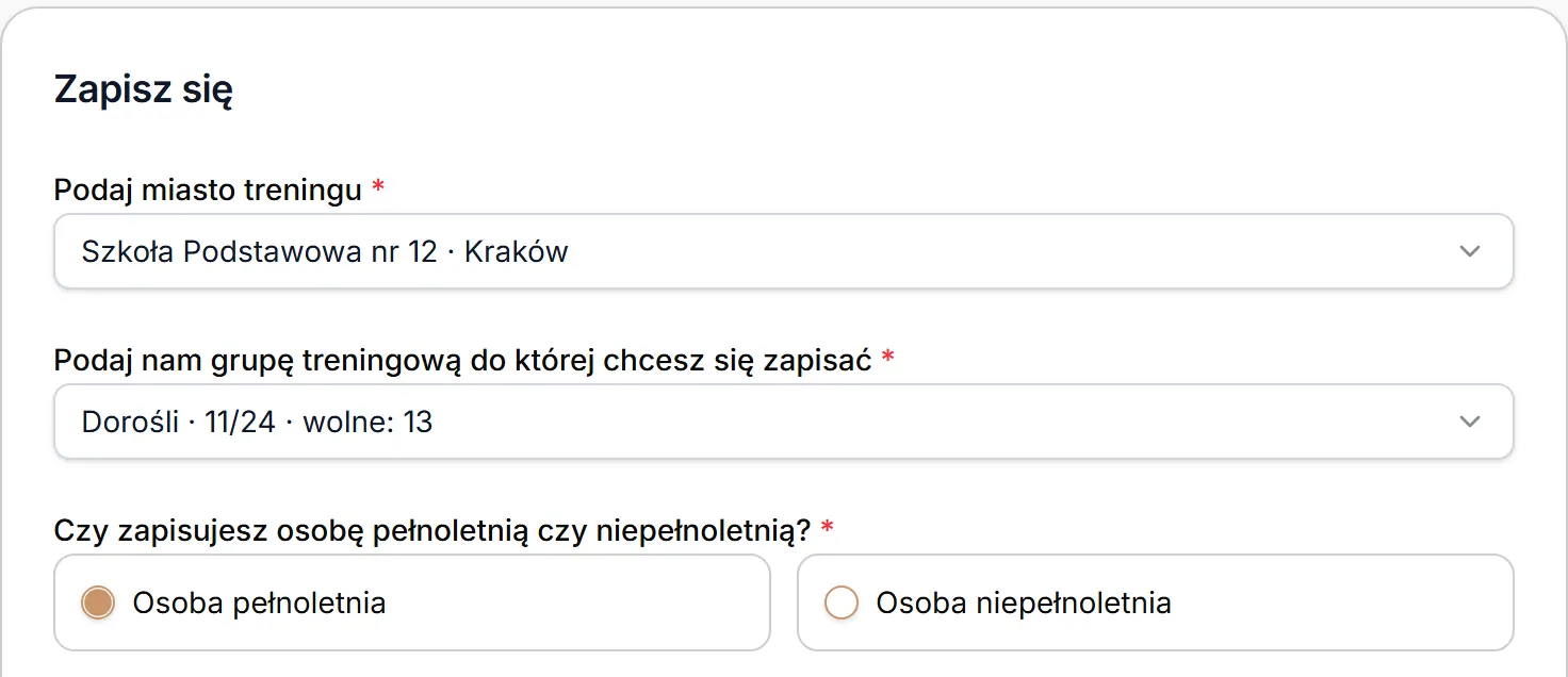 Formularz naboru — miejsce, grupa i wiek