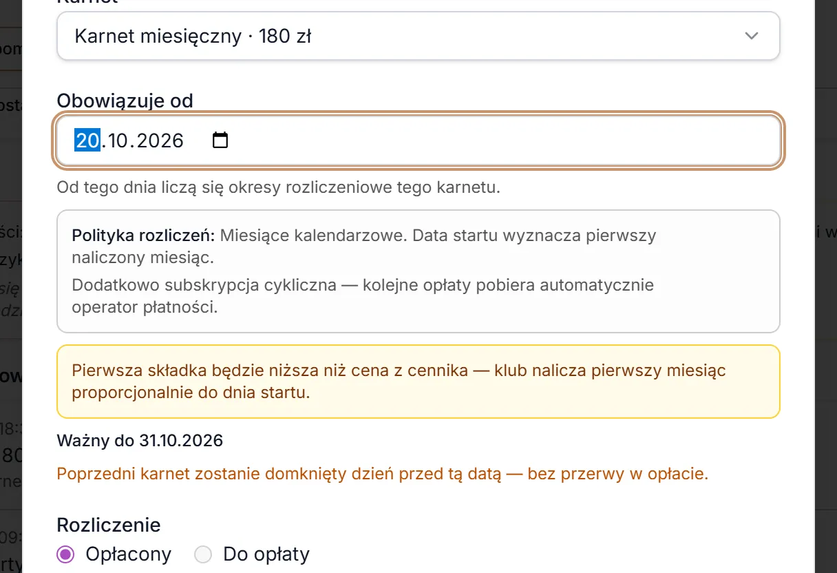 Zmień karnet — start w przyszłości