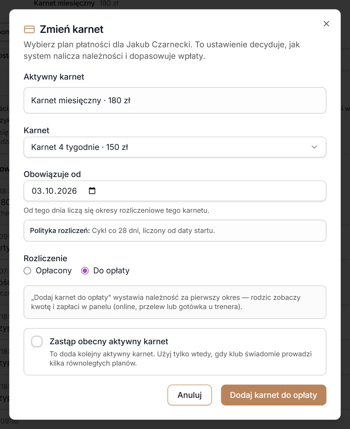 Zmień karnet — karnet do opłaty