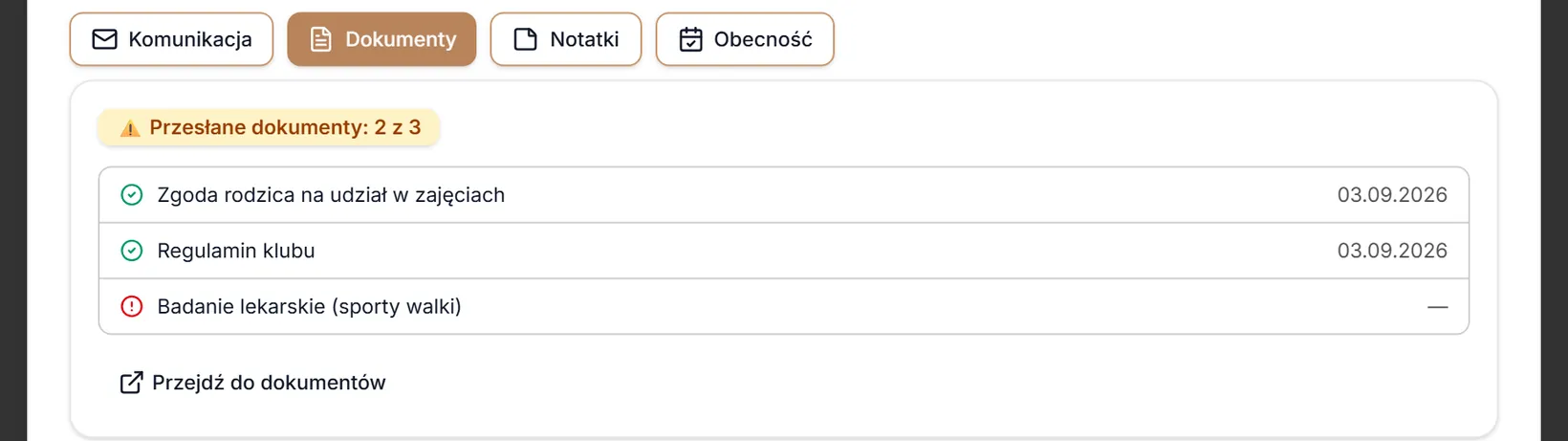 Zakładka Dokumenty — brakujący dokument