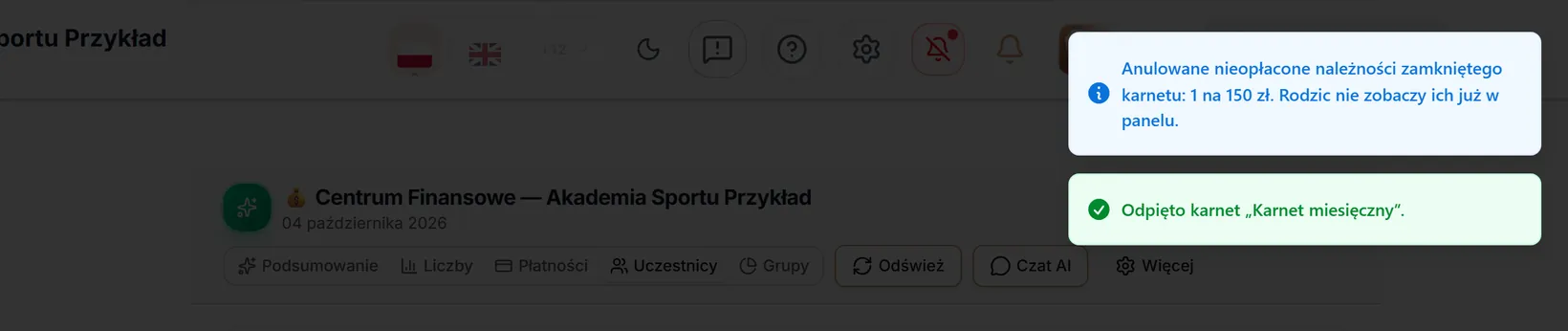 Komunikaty po odpięciu karnetu