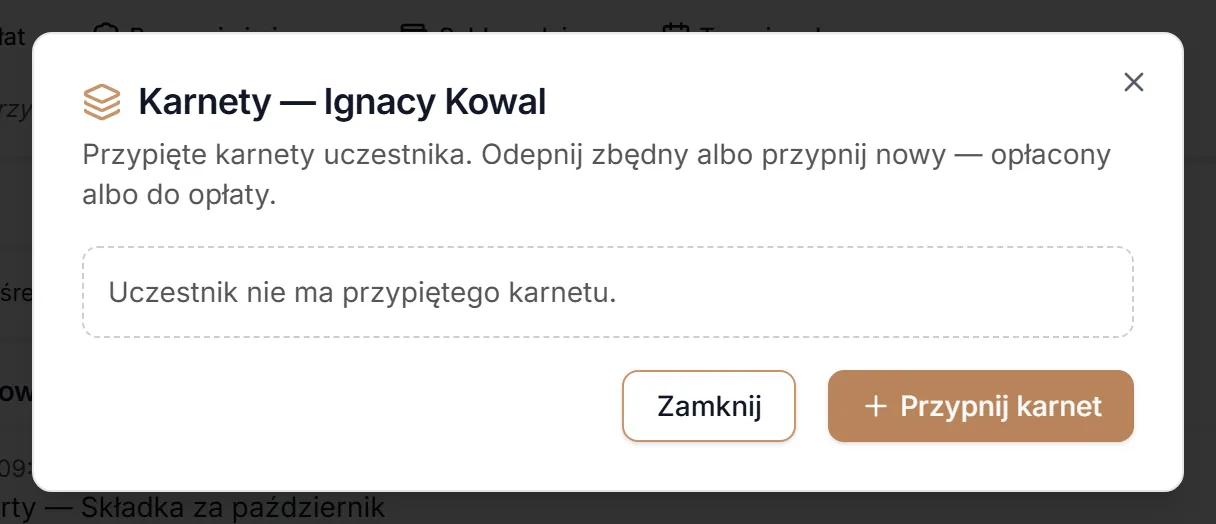 Okno Karnety bez karnetów