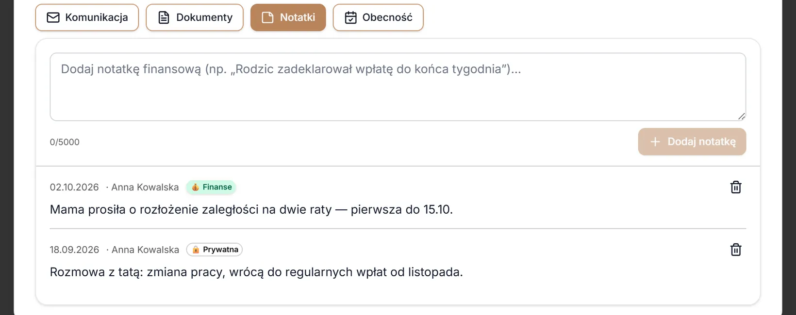 Zakładka Notatki