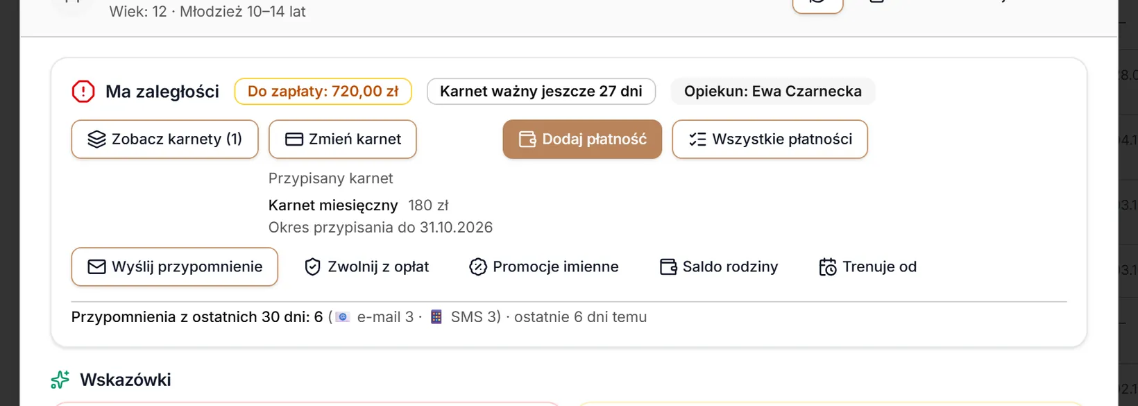 Pasek akcji profilu