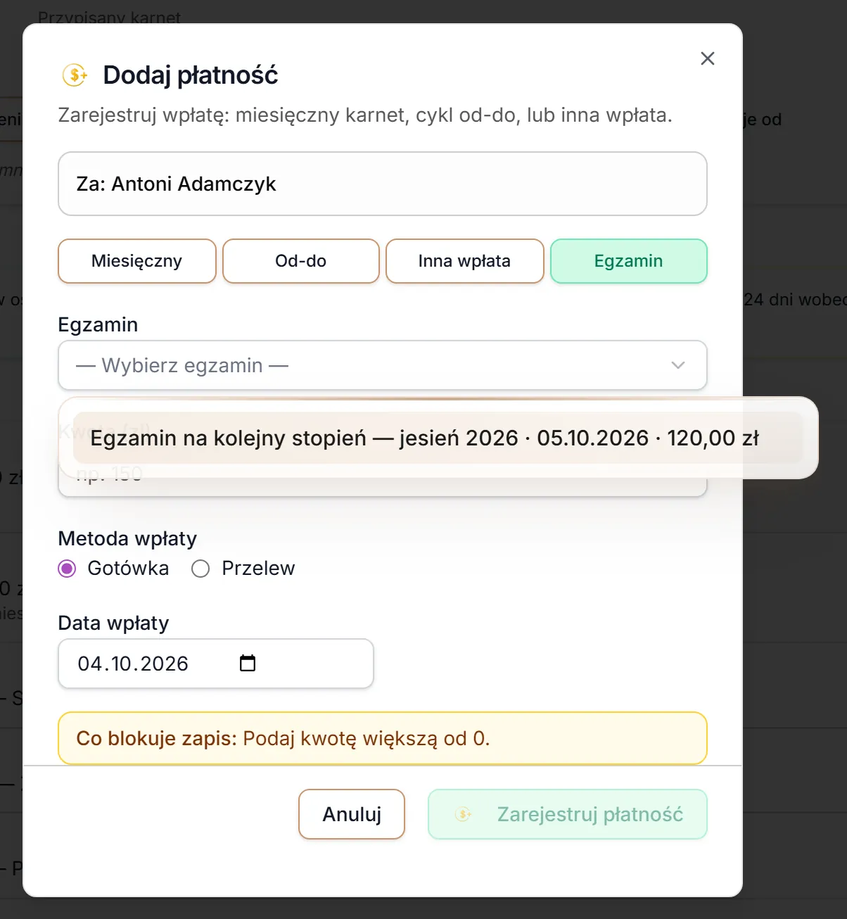 Dodaj płatność — lista egzaminów osoby