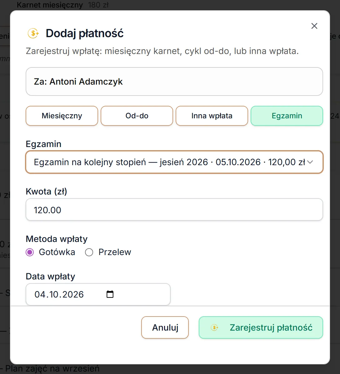 Dodaj płatność — wybrany egzamin z opłatą