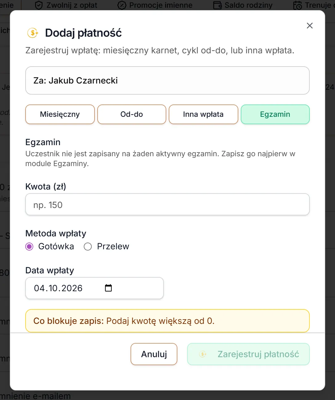 Dodaj płatność — zakładka Egzamin bez egzaminów