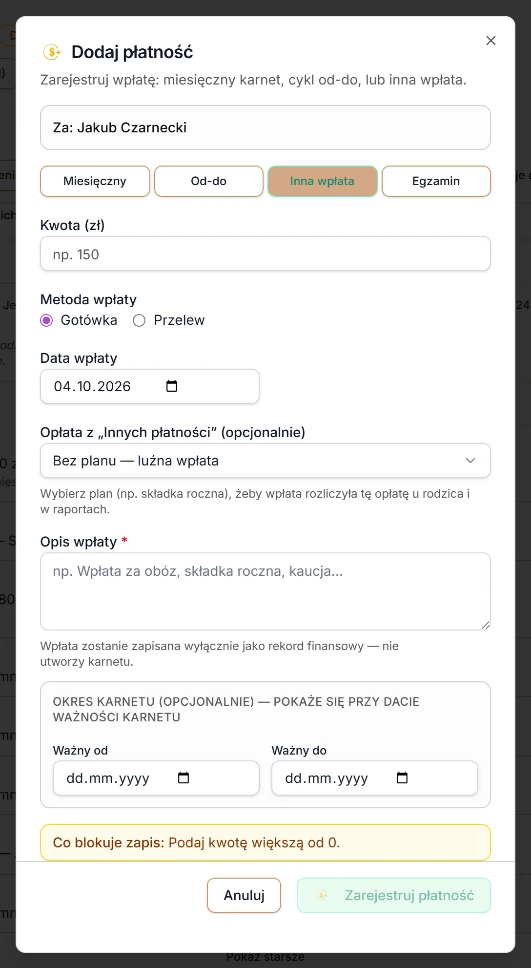 Dodaj płatność — zakładka Inna wpłata