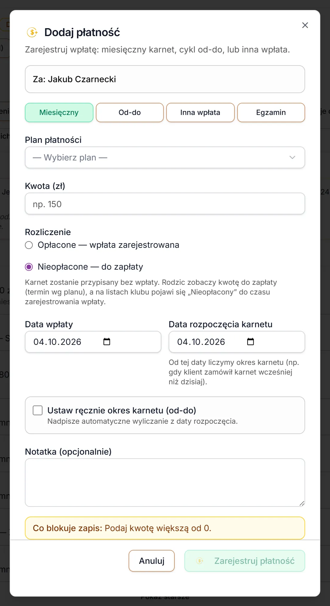 Dodaj płatność — karnet bez wpłaty