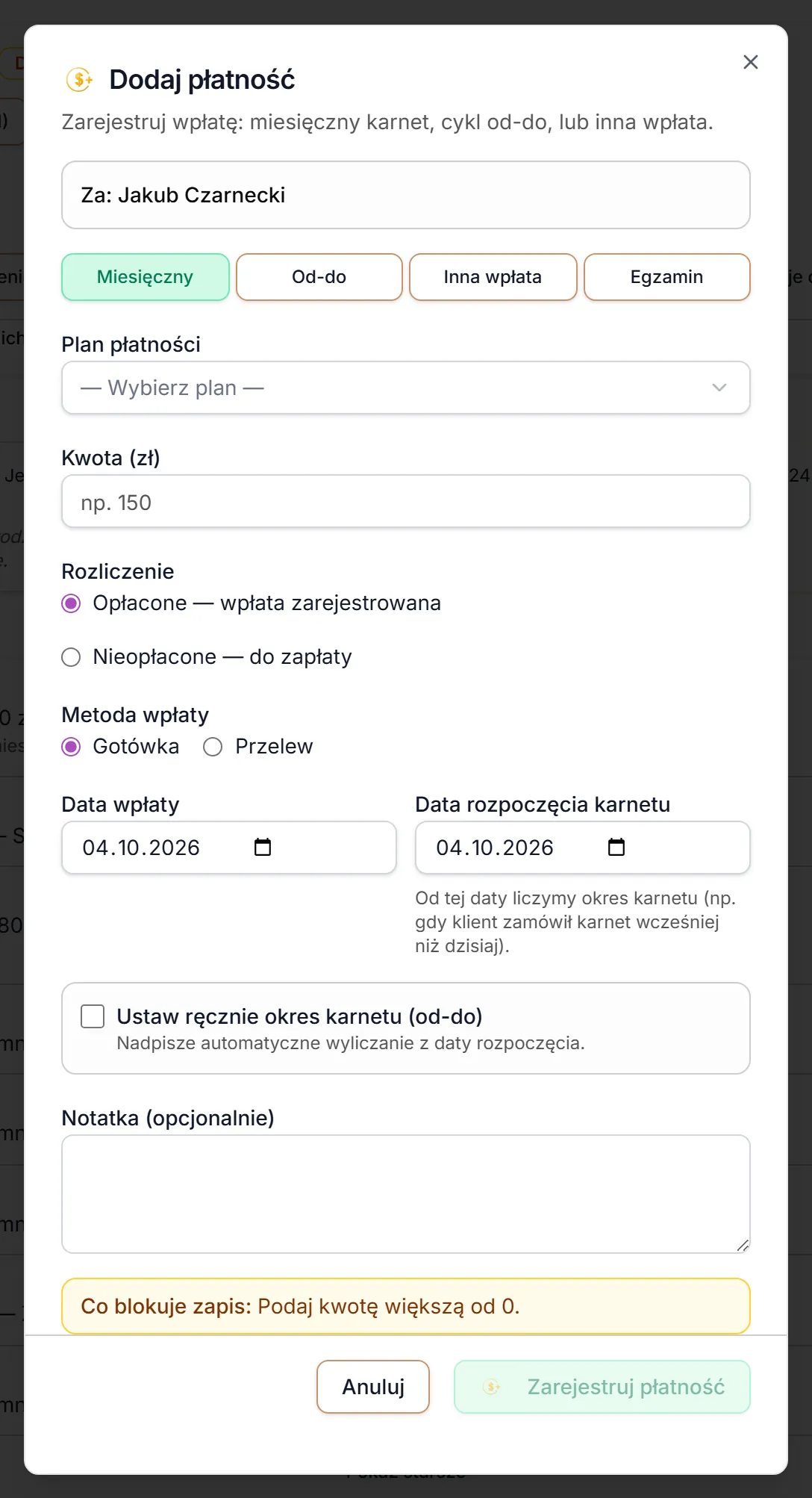 Dodaj płatność — zakładka Miesięczny