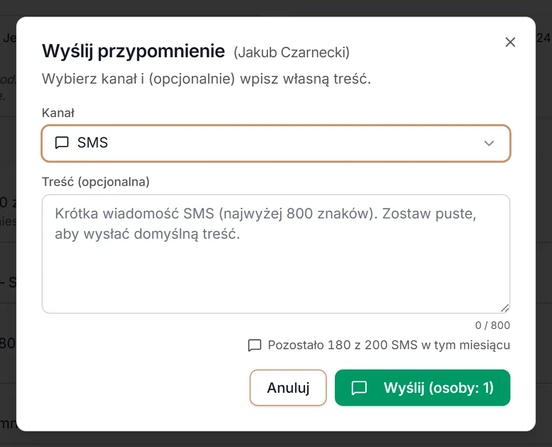 Wyślij przypomnienie — SMS