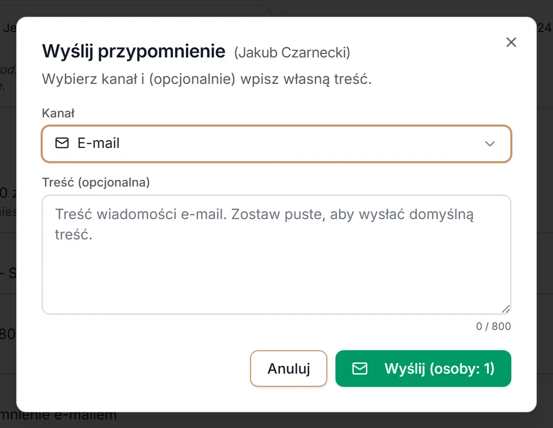 Wyślij przypomnienie — e-mail