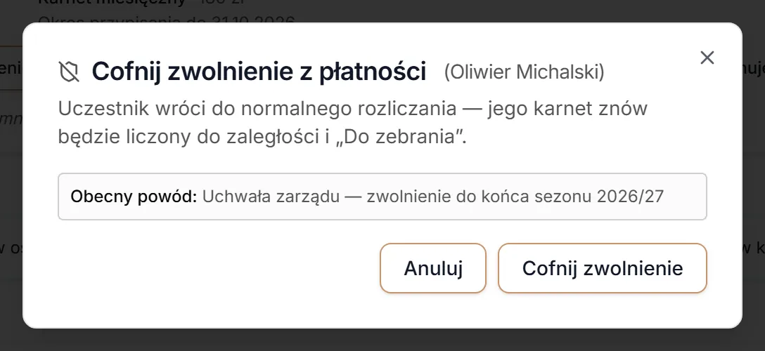 Cofnij zwolnienie z płatności