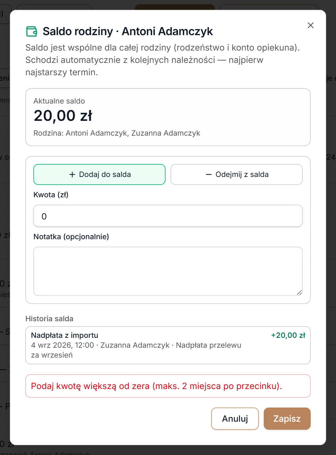 Saldo rodziny — błędna kwota