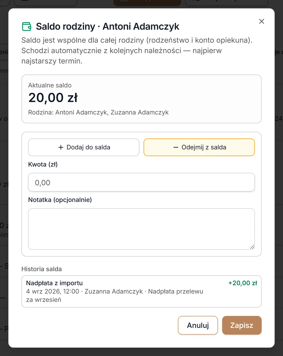 Saldo rodziny — odejmowanie