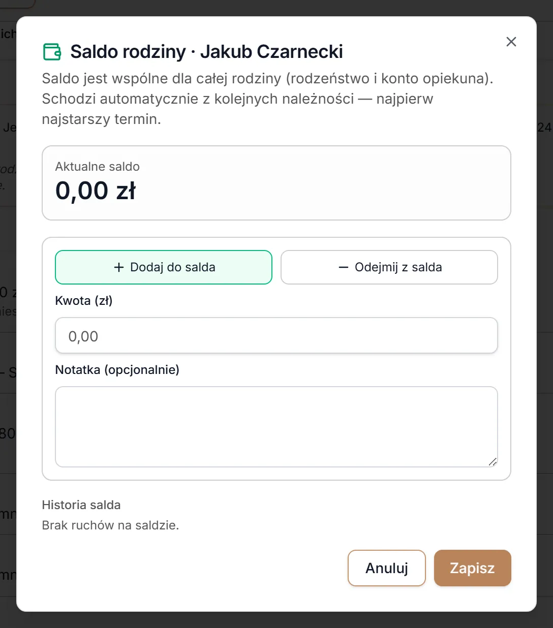 Saldo rodziny bez ruchów
